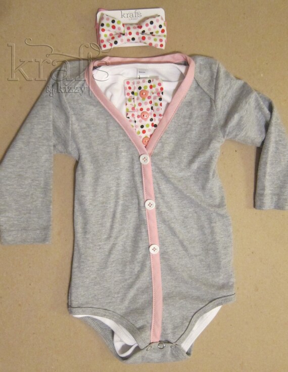 Items similar to Baby Girl Gray/Pink Cardigan Outfit with Polka Dot