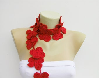 crochet flower lariat ,flower scarf , lariat scarf , red