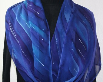 Purple, Blue Hand Painted Silk Scarf. Handmade Shawl PURPLE SKIES, by Silk Scarves Colorado. Large 14x72. Birthday, Anniversary Gift