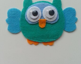 chouette /hibou en feutrine bleu et turquoise 90*65 mm