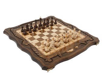 Large Walnut wooden Chess Set - 3 in 1 chess, backgammon, checkers - Handmade High Detail Wooden Game Armenian Aarat