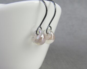 Champagne Drop Earrings Oxidized Silver, Champagne Earrings, Lampwork Earrings Beige Glass, Sterling Silver Oxidized Earrings, Small Drops