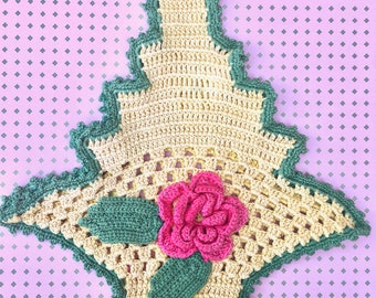 Darling 1950's "Basket" Crochet Potholder with Pink Flower