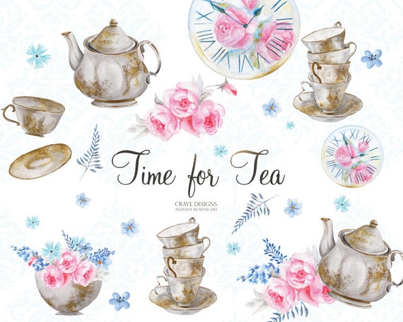 Watercolor Tea Party ClipArt Teacup Teapot Shower Invitation