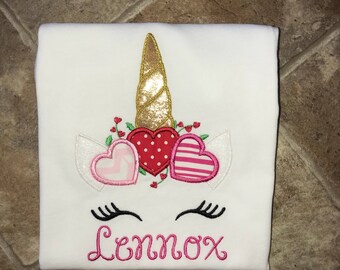 Unicorn Face Hearts Love Girl Shirt-Custom-Personalized-Embroidered-Gift