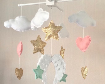 Baby mobile - Baby girl mobile - Cot mobile - Angel wings, clouds, hearts and stars mobile - Cloud Mobile - Nursery Decor -