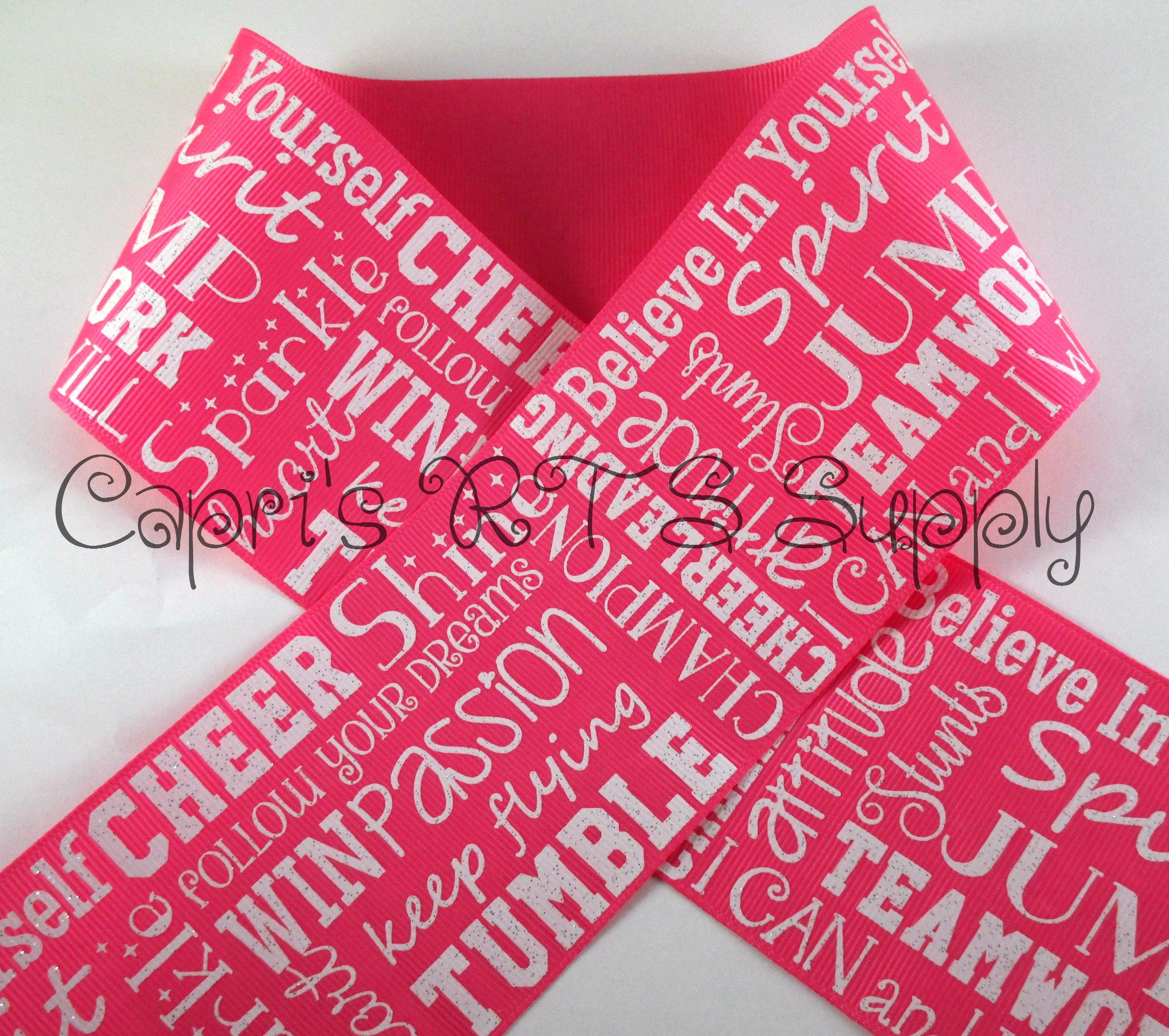 3" White Glitter Cheer Cheerleader Words on Hot Pink US Designer