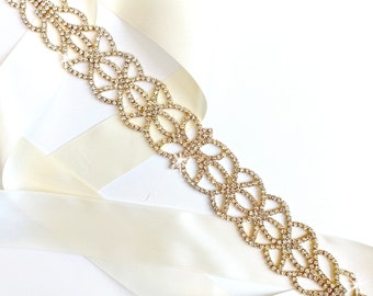 Sash - Art Nouveau Rhinestone Wedding Dress Sash in Gold - Rhinestone Encrusted Bridal Belt Sash - Crystal Extra Wide Wedding Belt