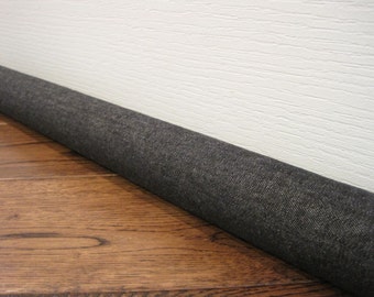 DENIM door draft stopper cover, draft snake, draft dodger. Black or dark blue denim fabric.