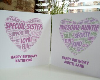 Personalised Heart Birthday Card, Personalised Auntie Birthday Card, Personalised Sister Birthday Card,
