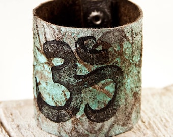 Leather Jewelry Women's Leather Cuff, Leather Bracelet, Leather Wristbands, Om Yoga Bracelet