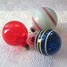WWII Unsilvered Glass Ornaments Shiny Brite Style Red Blue Striped Set of Three 1940s Retro Christmas Tree Holiday Decor Rare Color