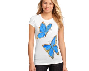 T-shirt painted for women- Butterflies - gift, hand painted
