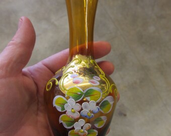 Vintage to Antique Bohemian Hand Painted Amber Glass Vase
