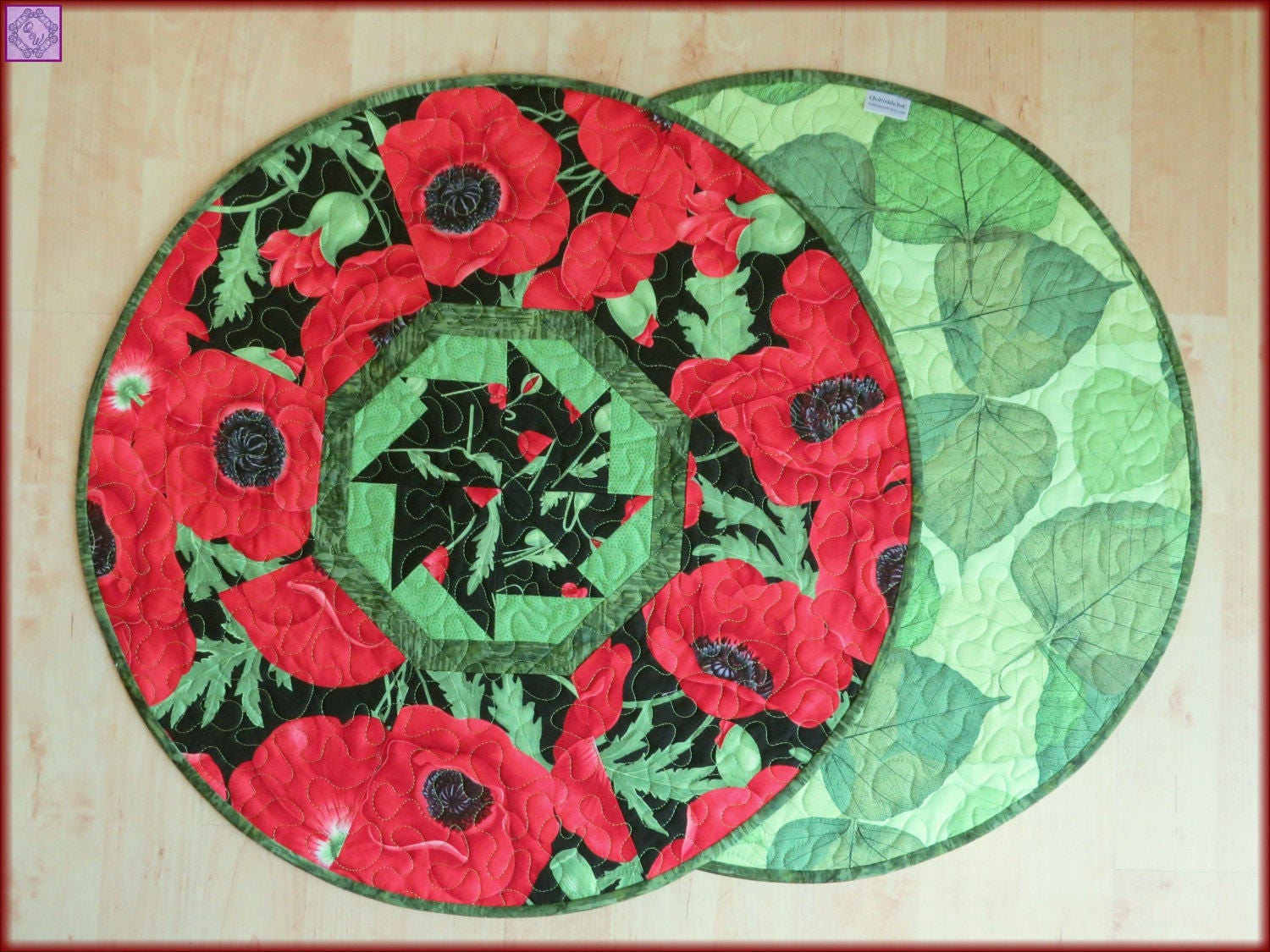 Quilted Round Table Topper Red Poppies Flora Black Green Zoom