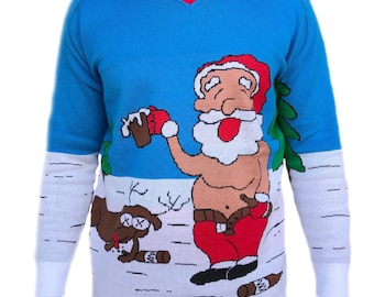 Tree Buddees Adult Funny Ugly Christmas Sweater knit Drunk Santa and Rudolph