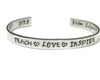 Teach Love Inspire Bracelet; Personalized Teacher Gift; Custom Teacher Bracelet; Teach Inspire Love Cuff Bracelet; Teacher Appreciation Gift
