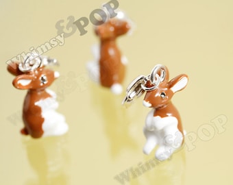 1 - Brown White Easter Bunny Rabbit Pendant Charms, Rabbit Charm, Bunny Charm, 21mm x 12mm (R6-157)