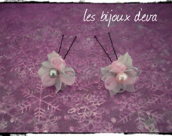 2 grey flowers and pink spikes and glass pearl beads