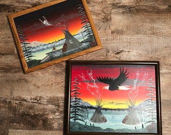 Beautiful Set of 2 Vintage Native American Arcylic Paintings by Sioux Artist J. Dogg