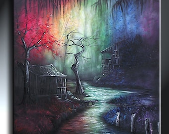 Louisiana Bayou Swamp Painting Rainbow Artwork Original Painting Size 36 X 36 Dark Shack Painting