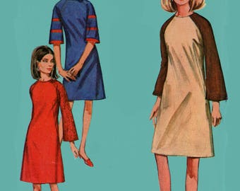 1960s MOD JIFFY Colorblock Dress with Raglan Sleeves Sewing Pattern Simplicity 6730 60s Mad Men Era Pattern Size 12 Bust 34