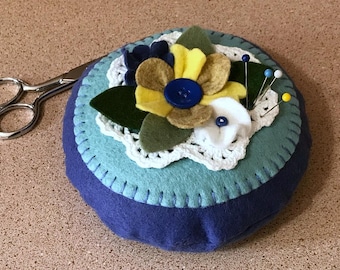 Wool Felt Pincushion Blue Floral