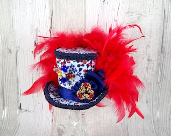 Red, White, and Blue Floral Rosette Medallion Medium Mini Top Hat Fascinator, Alice in Wonderland, Mad Hatter Tea Party, Derby Hat