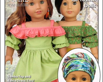 L&P #1035: Olá Brasil! Off-the-Shoulder Samba Top and Bahia Dress — and Traditional Brazilian Baiana Headwrap — Pattern for 18 Inch Dolls
