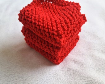 Red Knit Dish Cloth, Set of 2, 3, or 4 Cotton Red Knit Wash Cloth, Gift For Her
