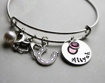 horse name bracelet, horse name jewelry, horse bangle, horse jewelry, horse theme bracelet, horse charm bracelet,little girl horse jewelry