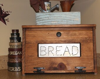 Wood Bread Box Bin wooden Punched Tin Storage Rustic Primitive counter top Country Kitchen handmade wood storage