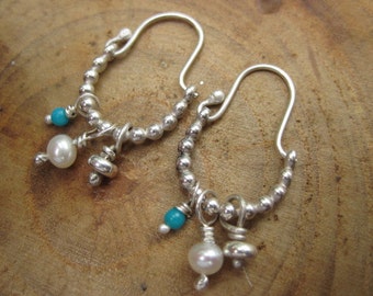 Handmade Turquoise Pearl Sterling Silver Hoop Earrings