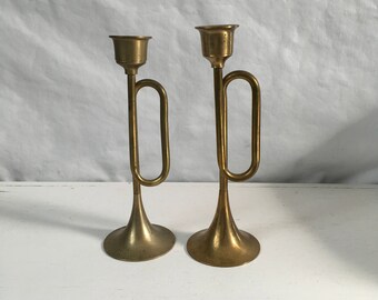 Vintage brass Trumpet candlestick holders