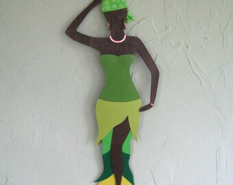 Metal Wall Art African Decor Caribbean Wall Sculpture Market Lady Recycled Metal 6 x 20