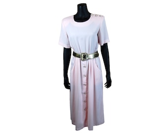 Vintage 1980s Pastel Pale Pink Short Sleeve Maxi Dress with Pockets and Decorative Buttons / Size 8M