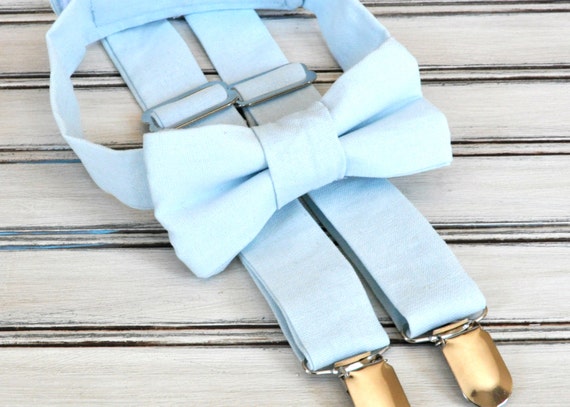 Linen Baby Blue Bow Tie and Suspenders for Men Youth Boys
