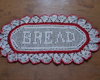 Retro Red and White 1950's BREAD Doily ~ Table Top ~ Ruffled Edge