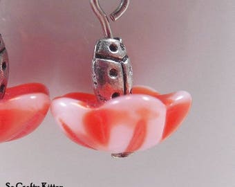 Ladybugs in a Flower, Drop Earrings, Cute and Fresh