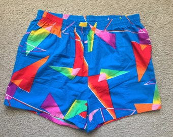 Men's Vintage 90s West Express Blue Geometric Pattern Swim Trunks Size Xl