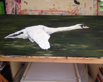 Swan In Flight, Original Painting .