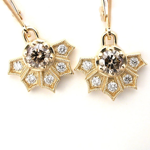 Ready to Ship - Champagne Diamond and White Diamond Art Deco Fan Diamond Earrings - 14k Yellow Gold Dangle Earrings