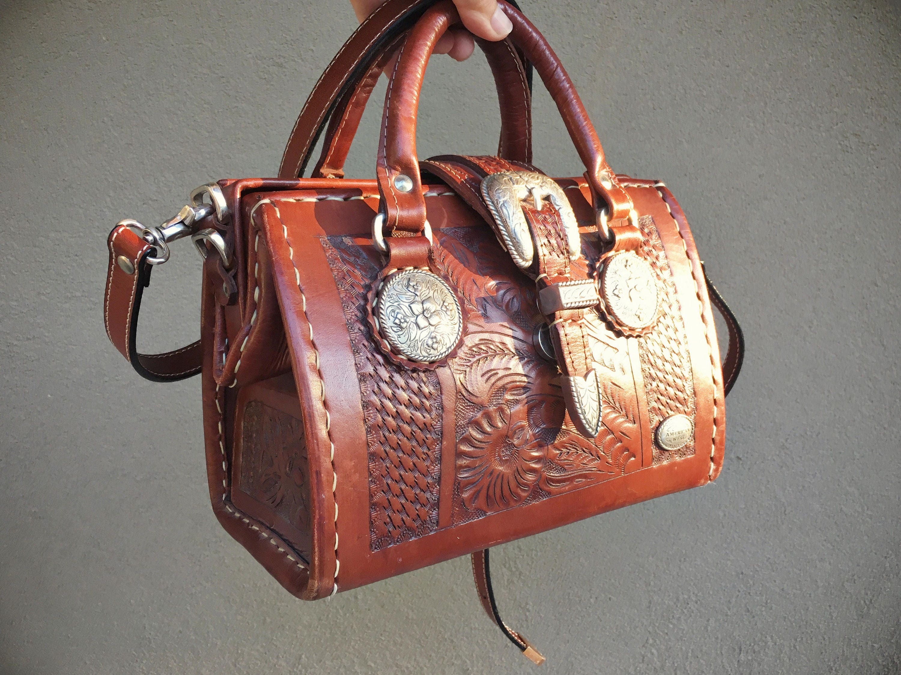 1980s American West hand tooled leather purse doctor&#39;s bag, leather satchel handbag, Western ...