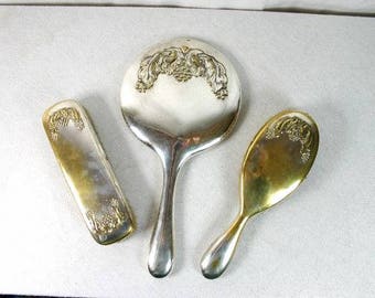 Vintage Silver Vanity Set Womens Dresser Vanity Set Mirror Brush Grooming Kit