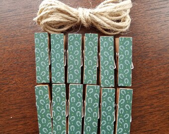 Lucky Horse Shoes Clothesline - Animal Print Chunky Little Clothespin Clips w Twine for Display - Set of 12 - Boy Farm Baby Shower Horseshoe