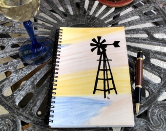 Hand Painted Spiral Notebook, Sketchbook; Original Art on Cover; Premium Unlined Paper; Writing, Sketching, Doodling; Windmill Silhouette