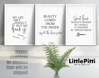 Hair salon decor set of 3 wall art printable, beauty salon quote, hair salon wall art, hair stylist gift ideas, hairdresser gift, digital