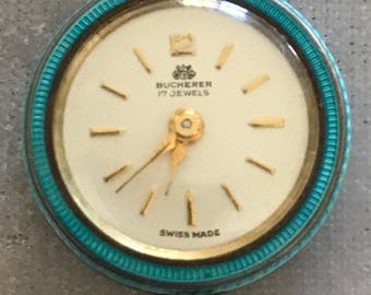Vintage Bucherer Gillioche Blue Enamel 17 Jewels Swiss Pendant Watch