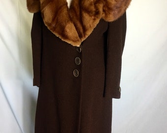 Vintage 1930s Red Mink Trimmed Brown Wool Coat Small Medium