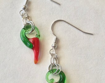 Hot Pepper Drops, Hot pepper Earrings, chili pepper earrings, glass chili pepper drop earrings